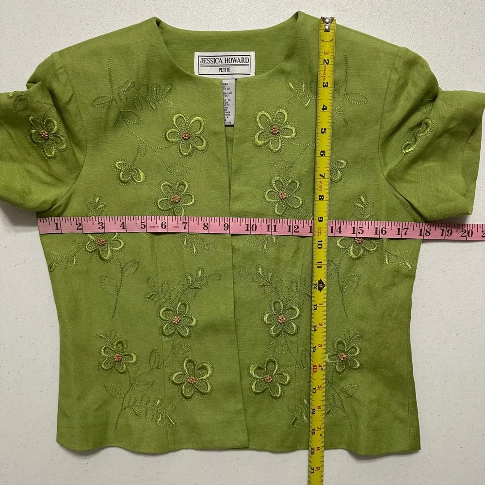 Jessica Howard Floral Embroidered Jacket Dress Set Linen Blend‎ Green 4P